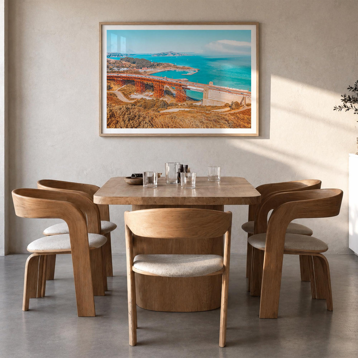 Mill Valley colorful photo poster of California, USA – horizontal wall art in natural wood frame with white border, hanging o