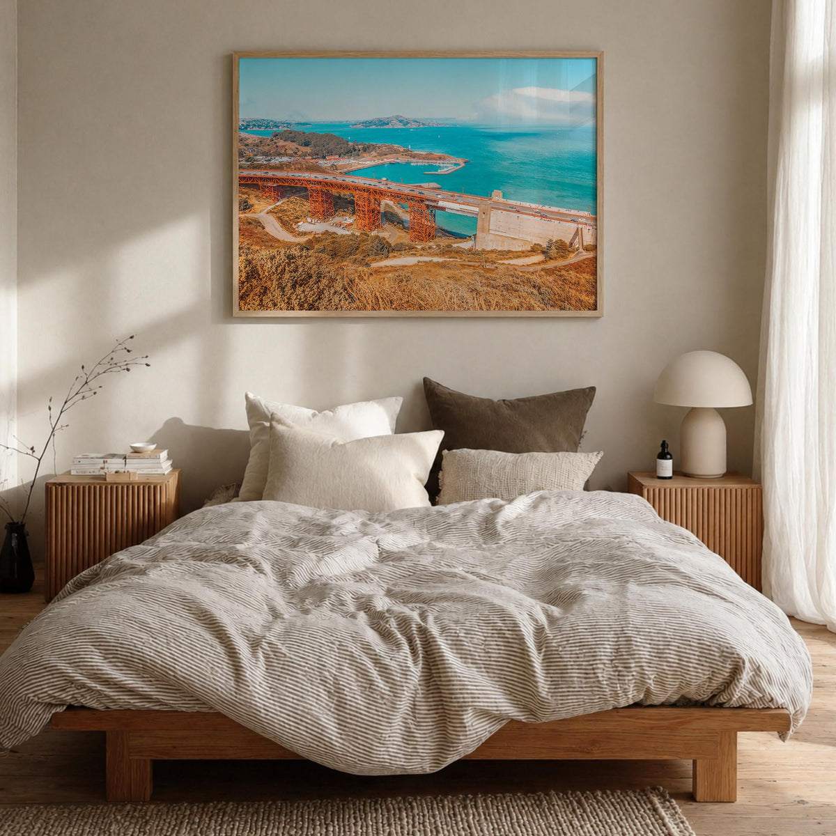 Mill Valley colorful photo poster of California, USA – horizontal wall art in natural wood frame, hanging on wall