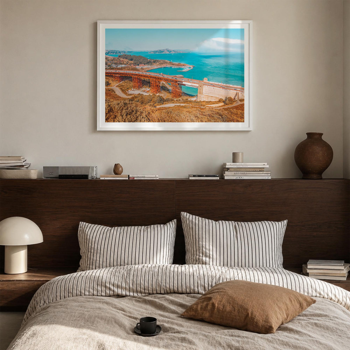 Mill Valley colorful photo poster of California, USA – horizontal wall art in white wood frame with white border, hanging on