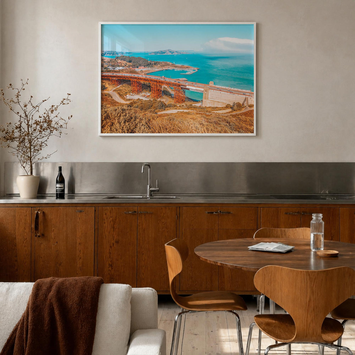 Mill Valley colorful photo poster of California, USA – horizontal wall art in white wood frame, hanging on wall