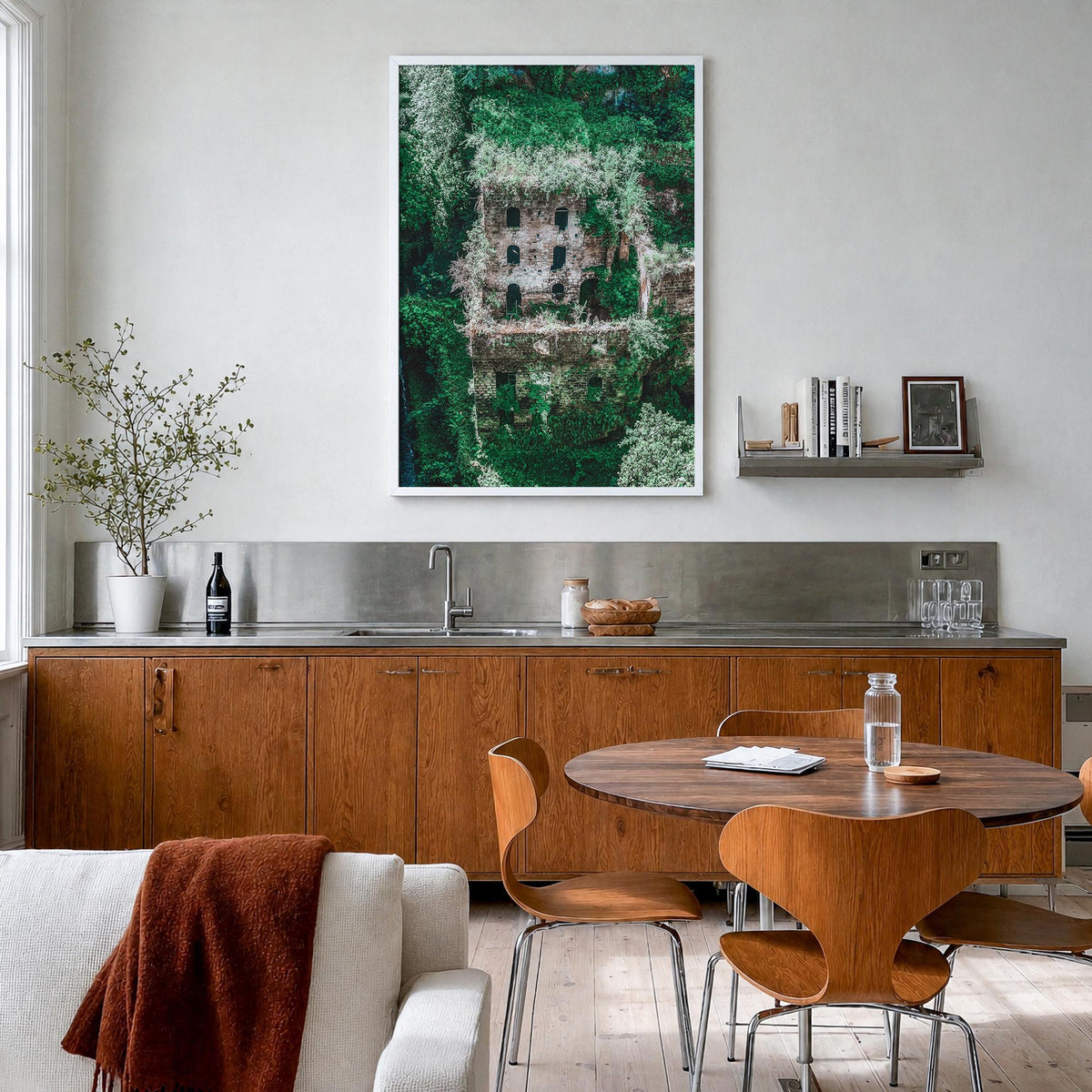 Mill Valley colorful photo poster of California, USA – vertical wall art in white wood frame, hanging on wall