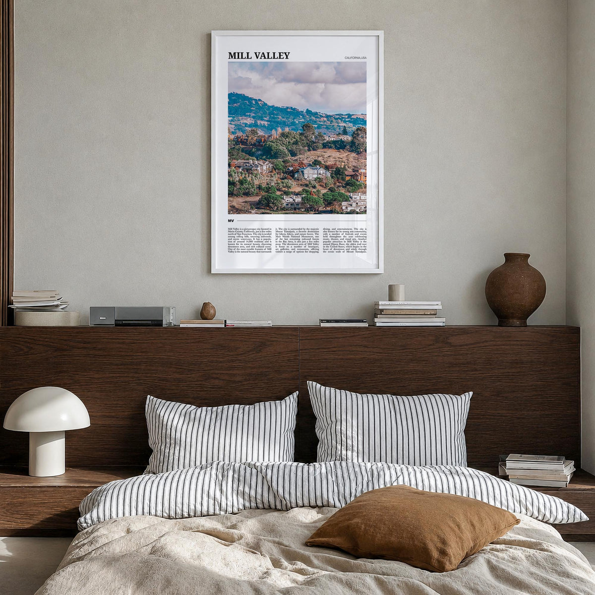 Mill Valley colorful travel poster of California, USA – vertical wall art in white wood frame, hanging on wall