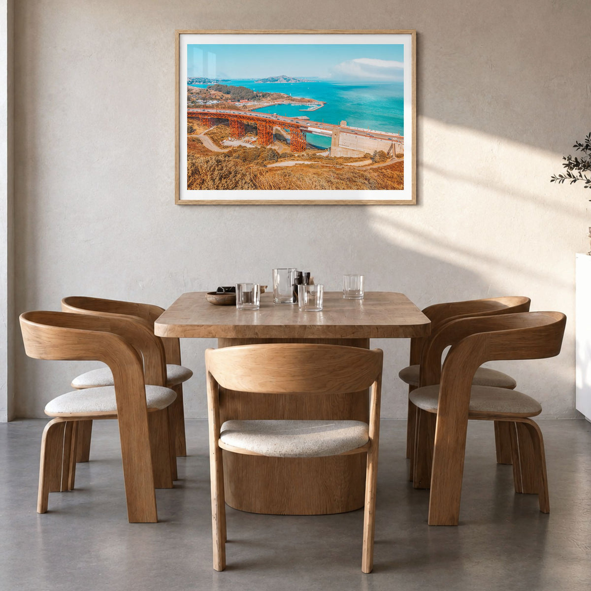 Mill Valley Photo Poster in a natural wood frame, hanging in a dining room, white border