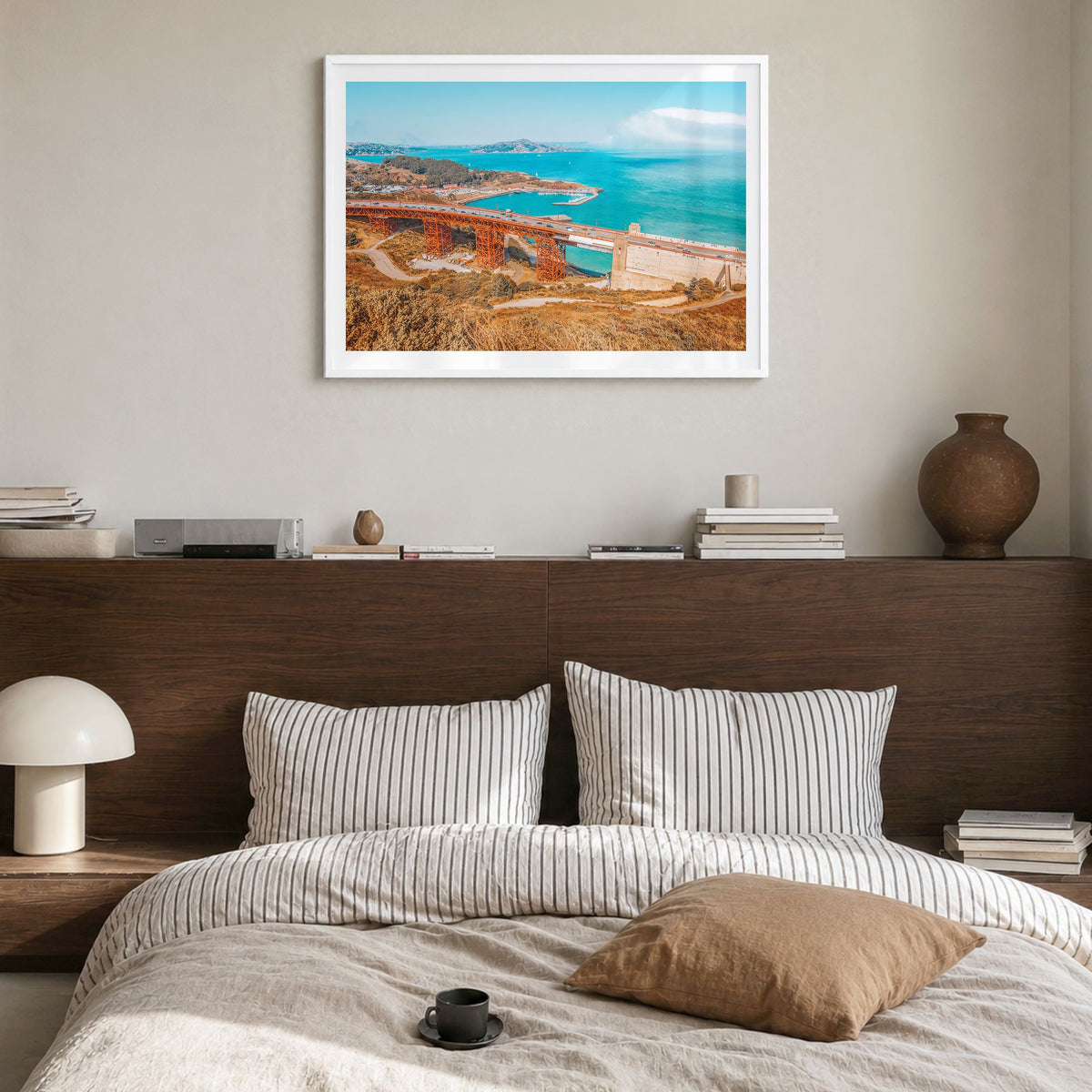 Mill Valley Photo Poster in a white wood frame, hanging in a bedroom, white border