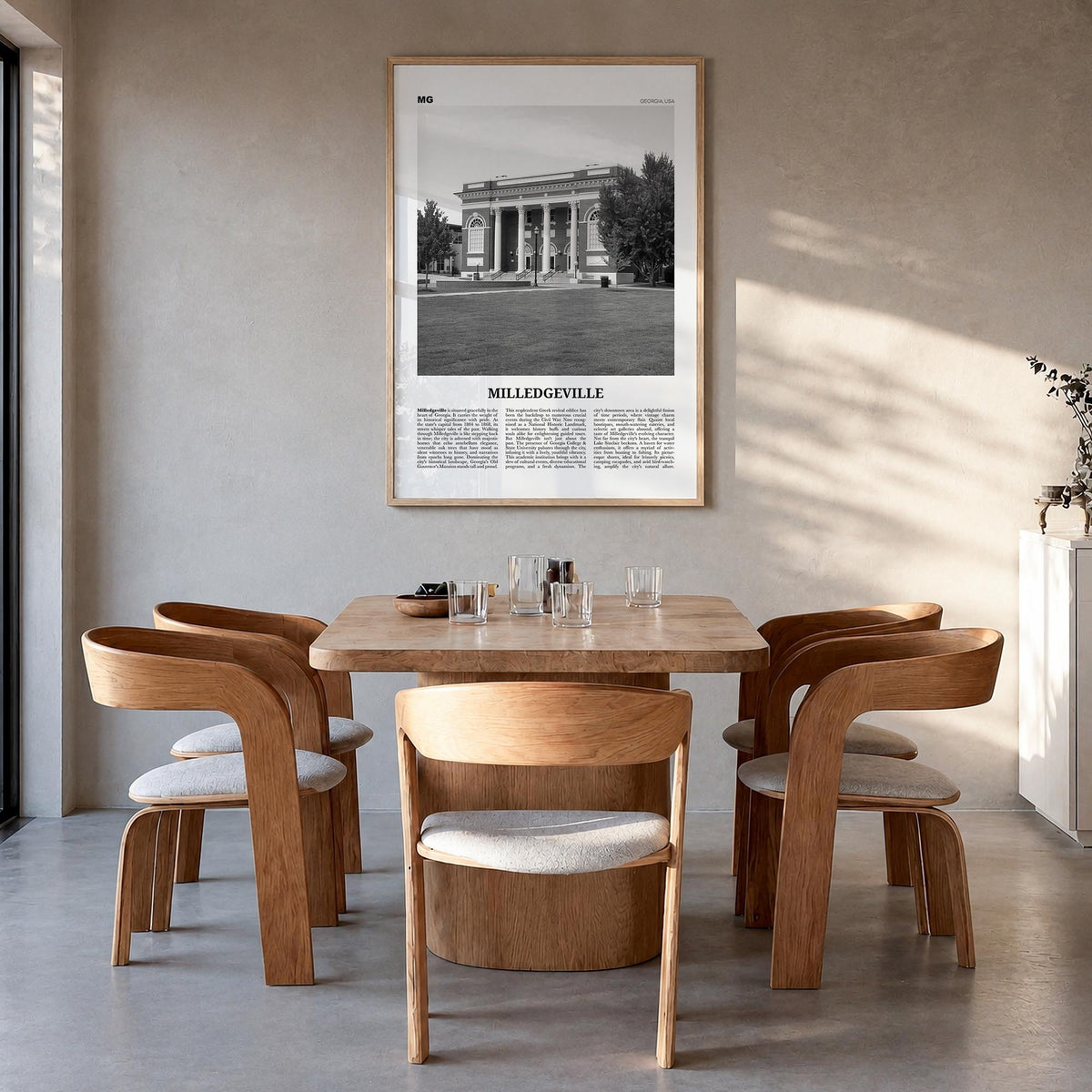 Milledgeville black & white newspaper poster of Georgia, USA – vertical wall art in natural wood frame, hanging on wall