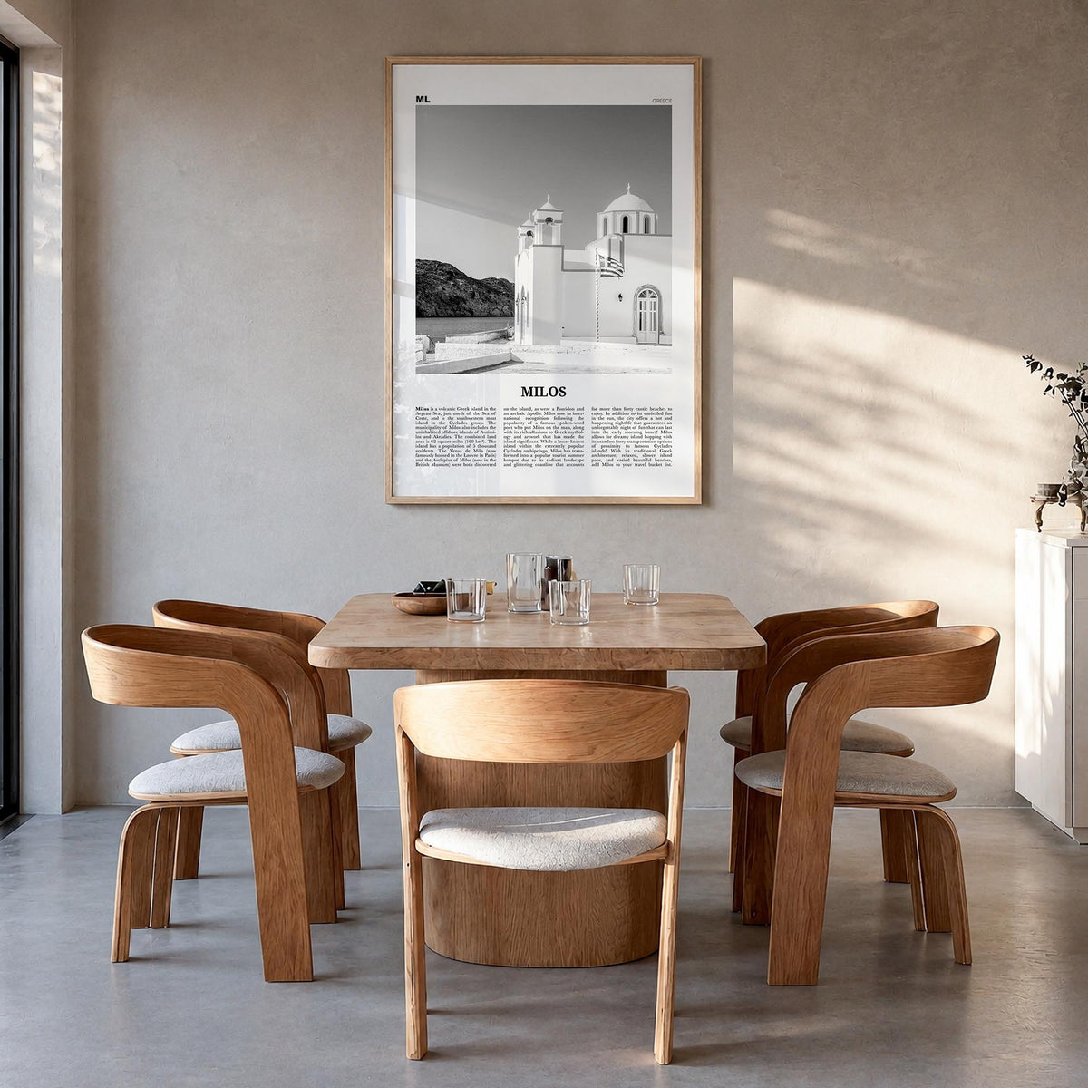 Milos black & white newspaper poster of Greece – vertical wall art in natural wood frame, hanging on wall