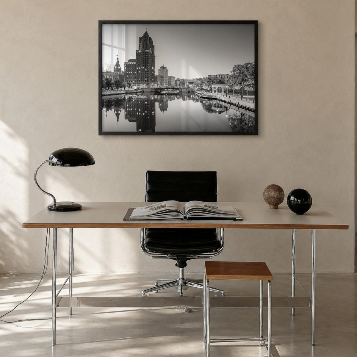Milwaukee black & white photo poster of Wisconsin, USA – horizontal wall art in black wood frame, hanging on wall