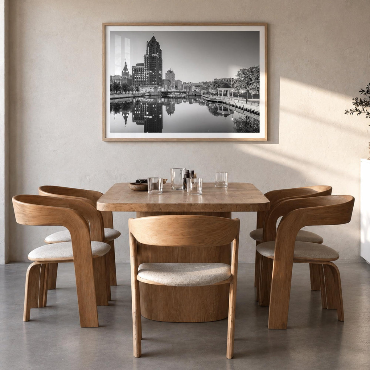 Milwaukee black & white photo poster of Wisconsin, USA – horizontal wall art in natural wood frame with white border, hanging
