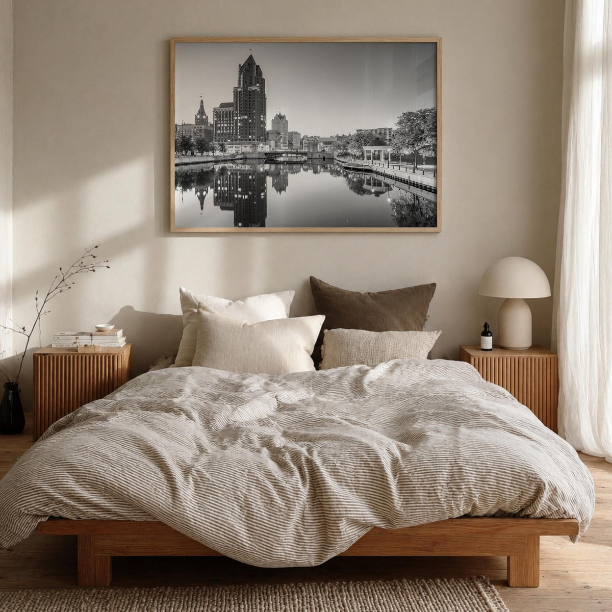 Milwaukee black & white photo poster of Wisconsin, USA – horizontal wall art in natural wood frame, hanging on wall