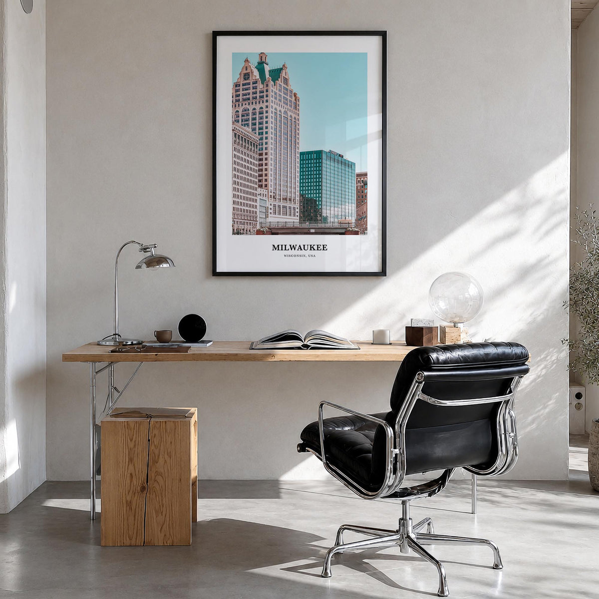 Milwaukee colorful classic poster of Wisconsin, USA – vertical wall art in black wood frame, hanging on wall