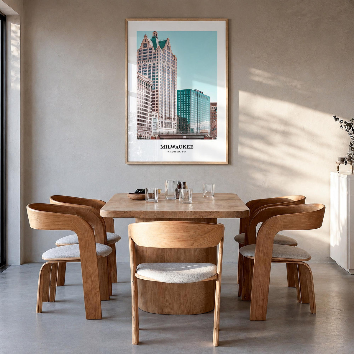 Milwaukee colorful classic poster of Wisconsin, USA – vertical wall art in natural wood frame, hanging on wall