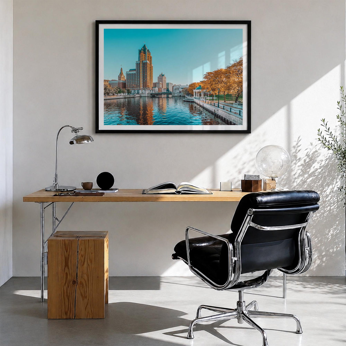 Milwaukee colorful photo poster of Wisconsin, USA – horizontal wall art in black wood frame with white border, hanging on wal