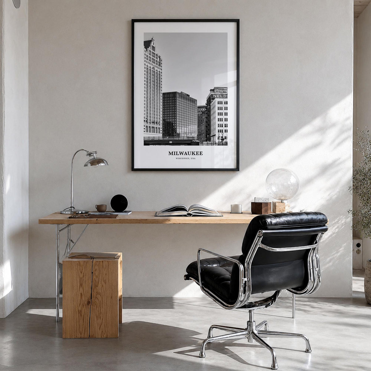 Milwaukee no. 1 black & white classic poster of Wisconsin, USA – vertical wall art in black wood frame, hanging on wall