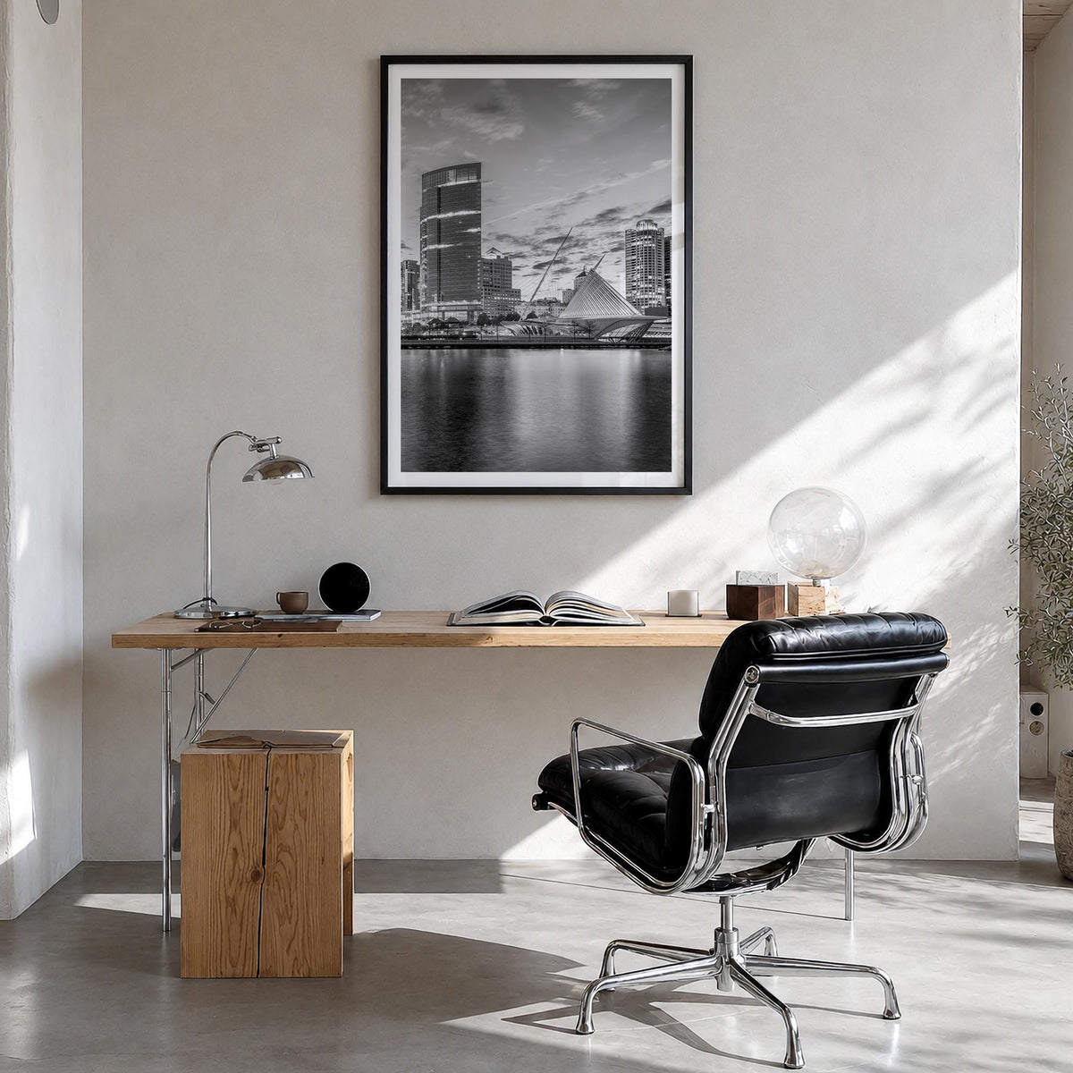 Milwaukee no. 1 black & white photo poster of Wisconsin, USA – vertical wall art in black wood frame with white border, hangi