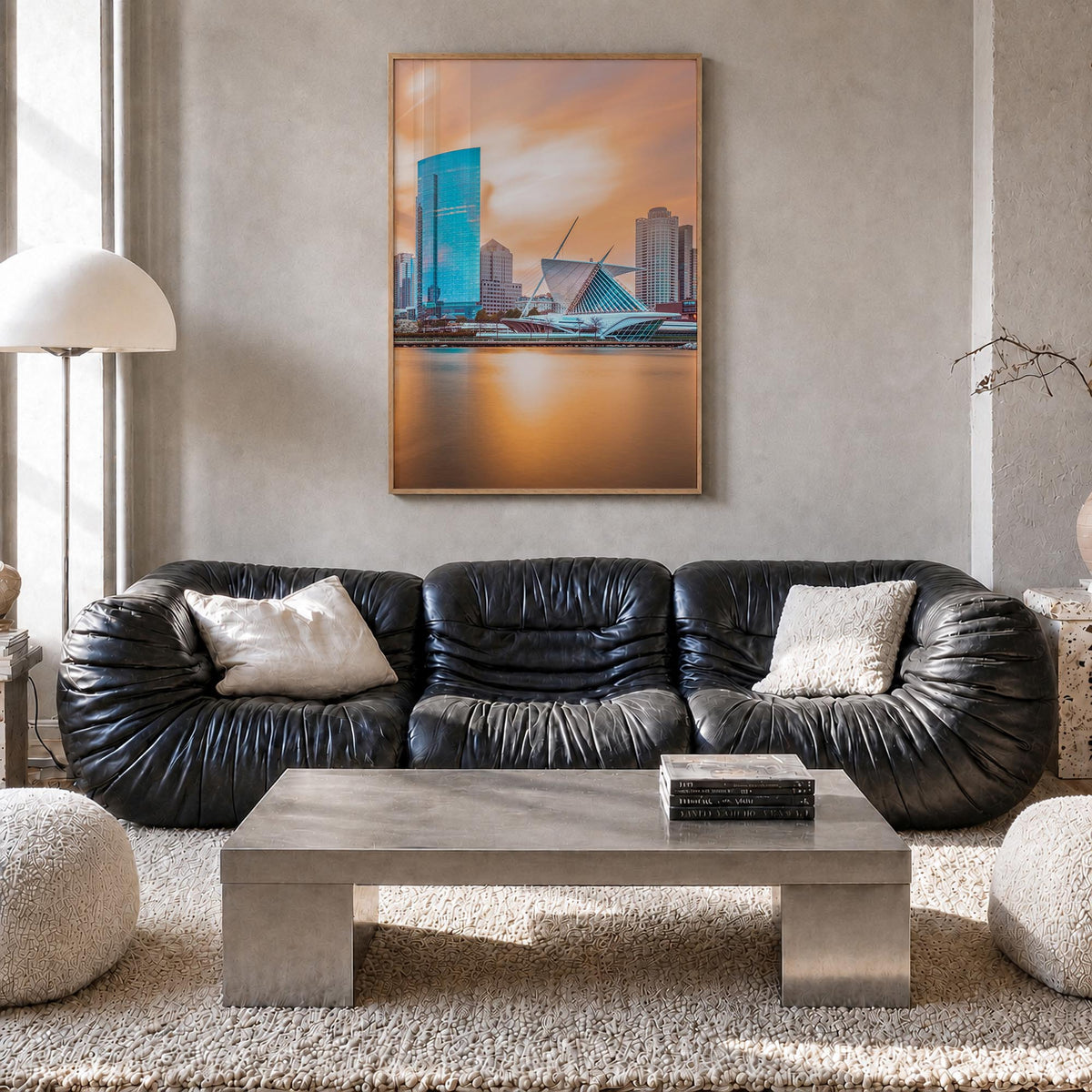 Milwaukee no. 1 colorful photo poster of Wisconsin, USA – vertical wall art in natural wood frame, hanging on wall