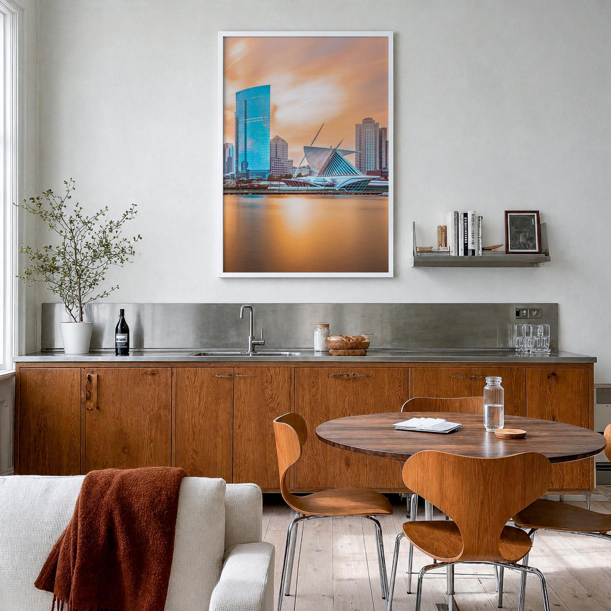 Milwaukee no. 1 colorful photo poster of Wisconsin, USA – vertical wall art in white wood frame, hanging on wall