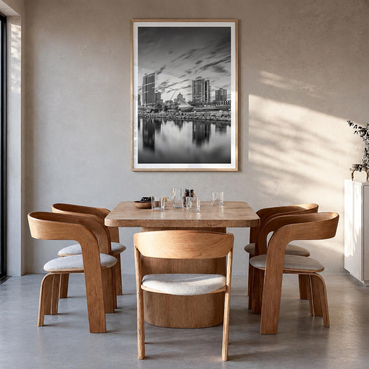 Milwaukee no. 2 black & white photo poster of Wisconsin, USA – vertical wall art in natural wood frame with white border, han