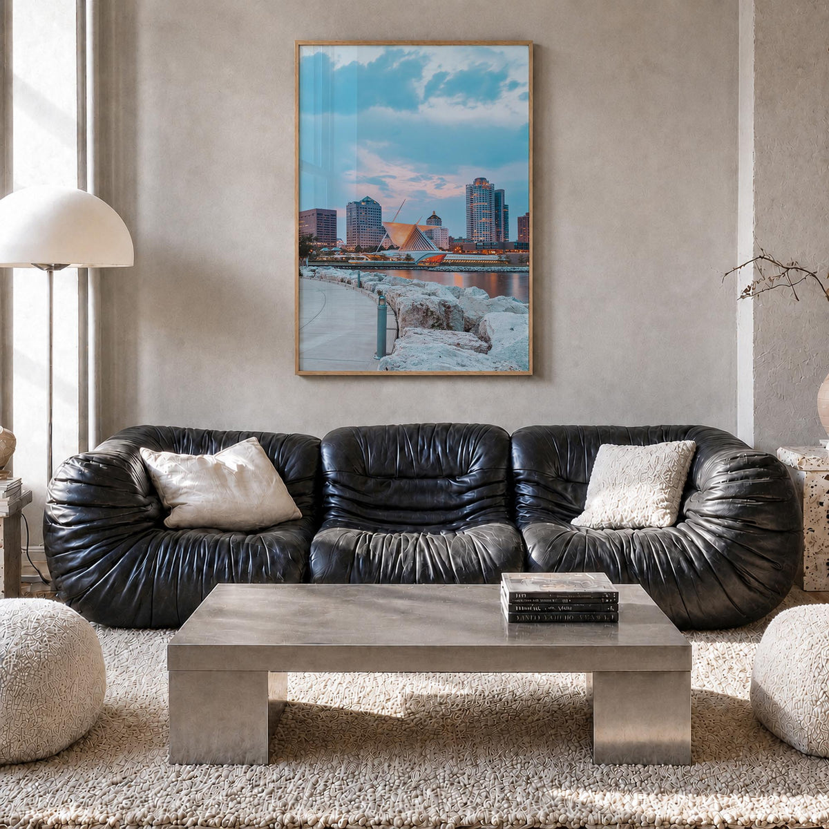 Milwaukee no. 3 colorful photo poster of Wisconsin, USA – vertical wall art in natural wood frame, hanging on wall
