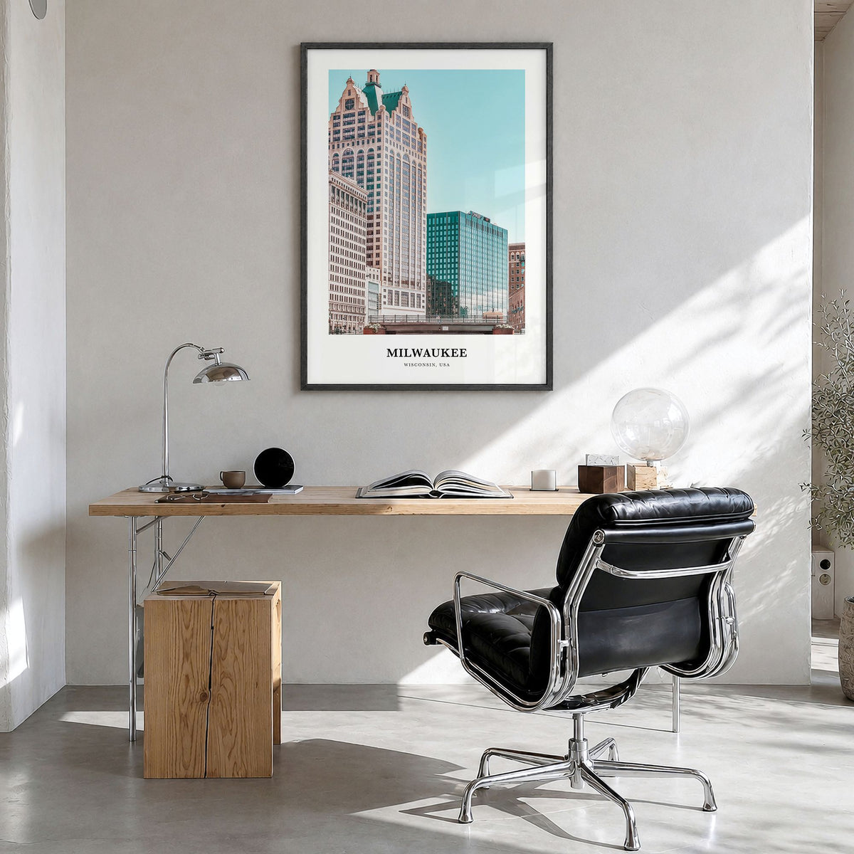 Milwaukee Classic Poster in a black wood frame, hanging in a bright home office