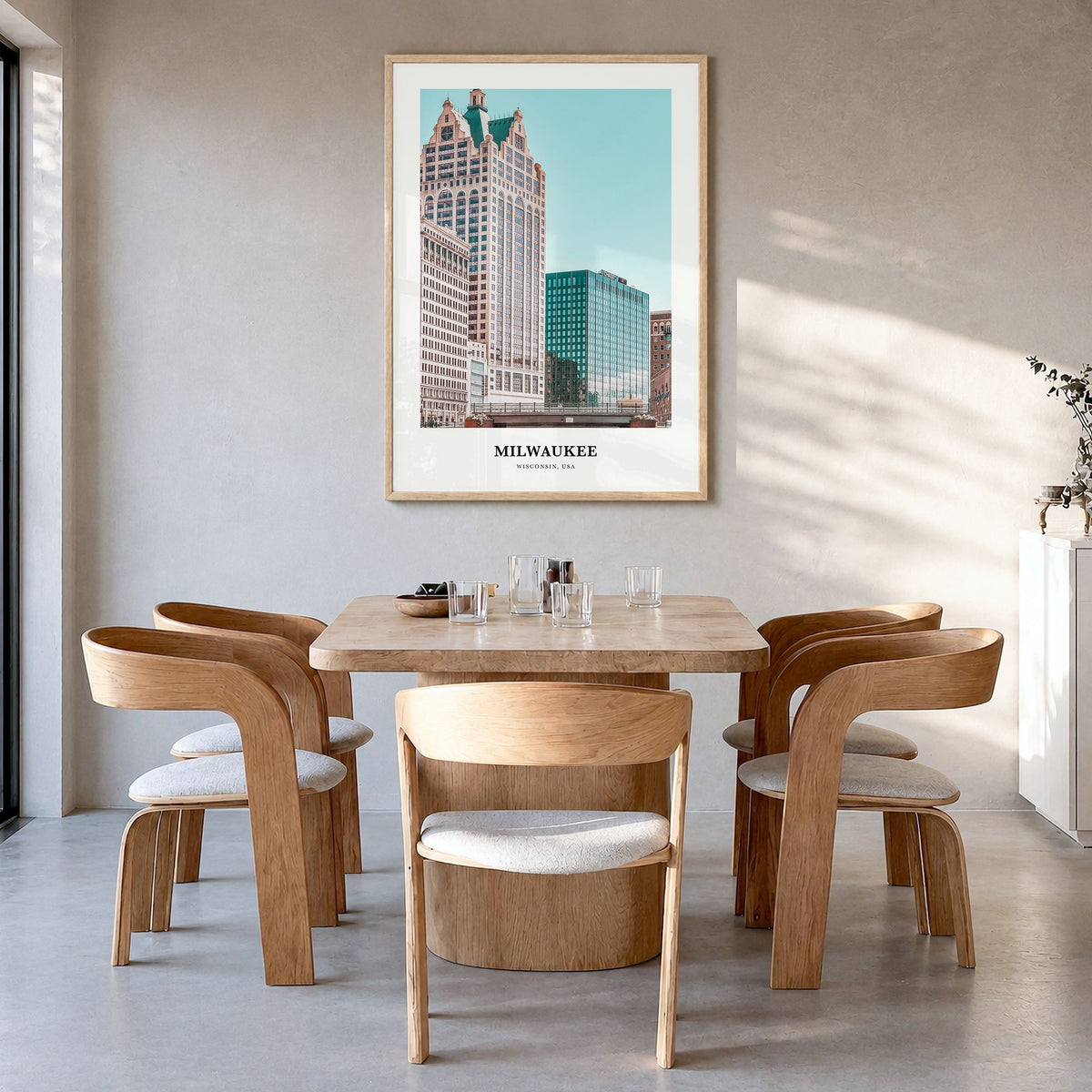 Milwaukee Classic Poster in a natural wood frame, hanging in a dining room