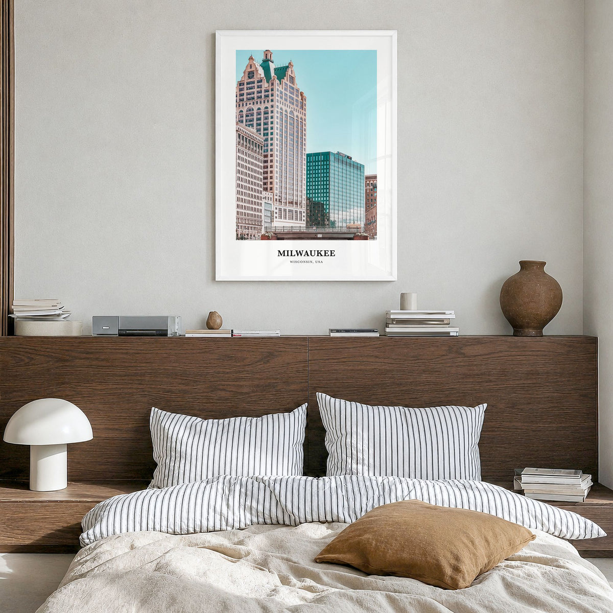 Milwaukee Classic Poster in a white wood frame, hanging in a bedroom