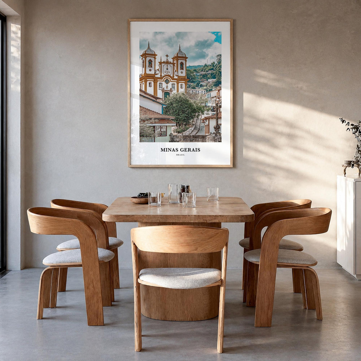 Minas Gerais colorful classic poster of Brazil – vertical wall art in natural wood frame, hanging on wall