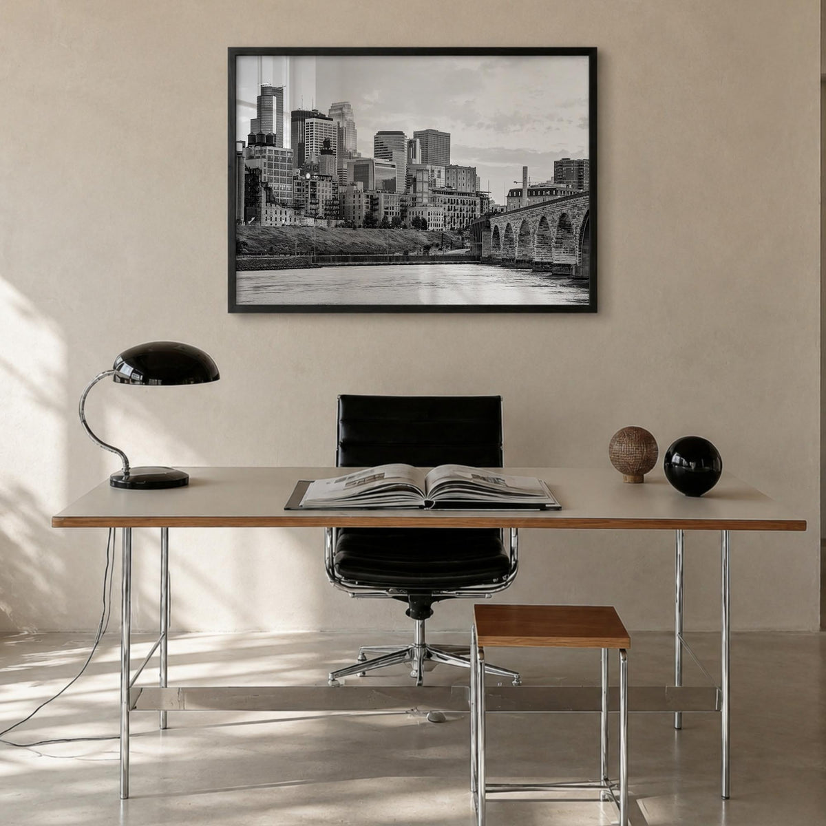 Minneapolis black & white photo poster of Minnesota, USA – horizontal wall art in black wood frame, hanging on wall