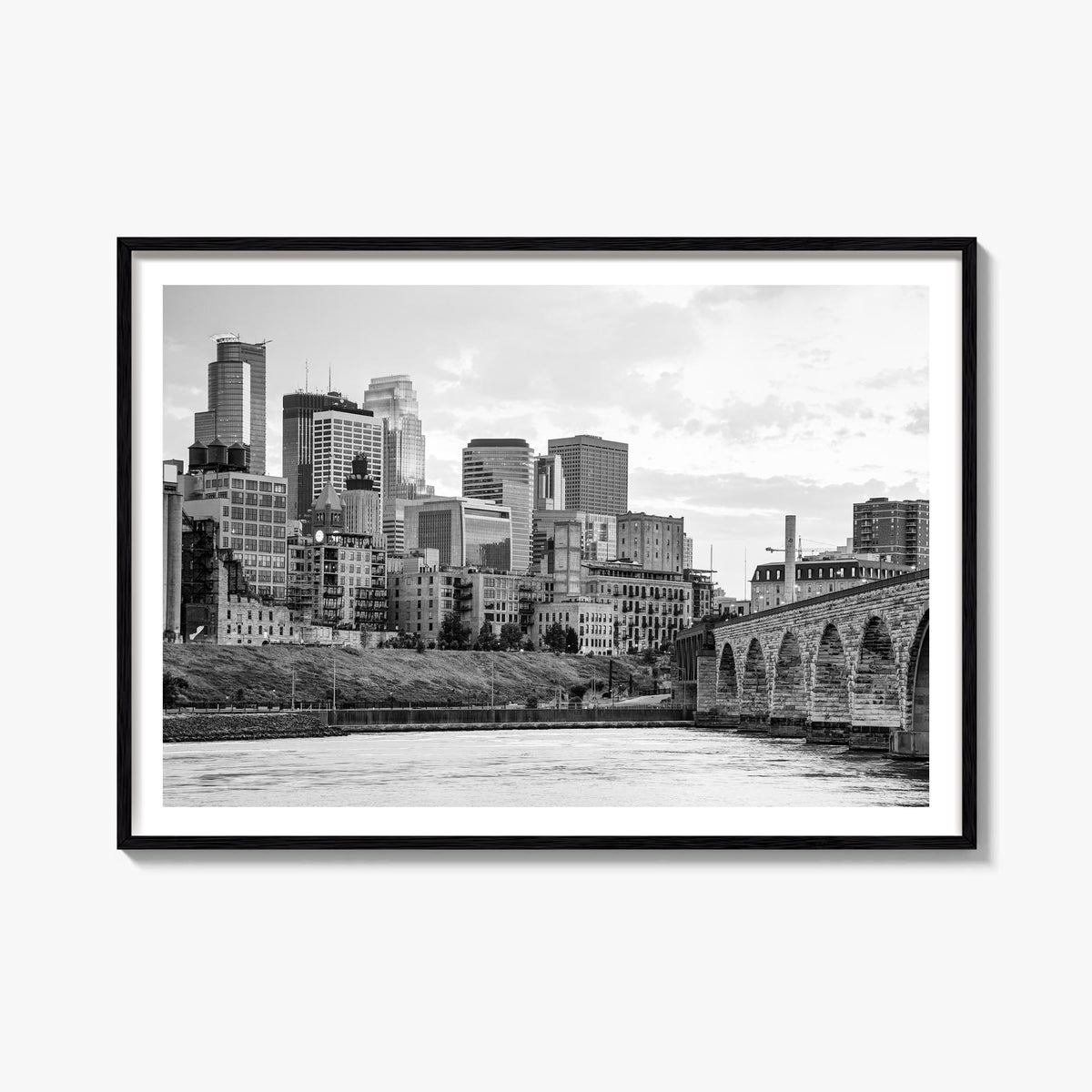 Minneapolis black & white photo poster of Minnesota, USA – horizontal wall art, unframed print shown in interior mockup