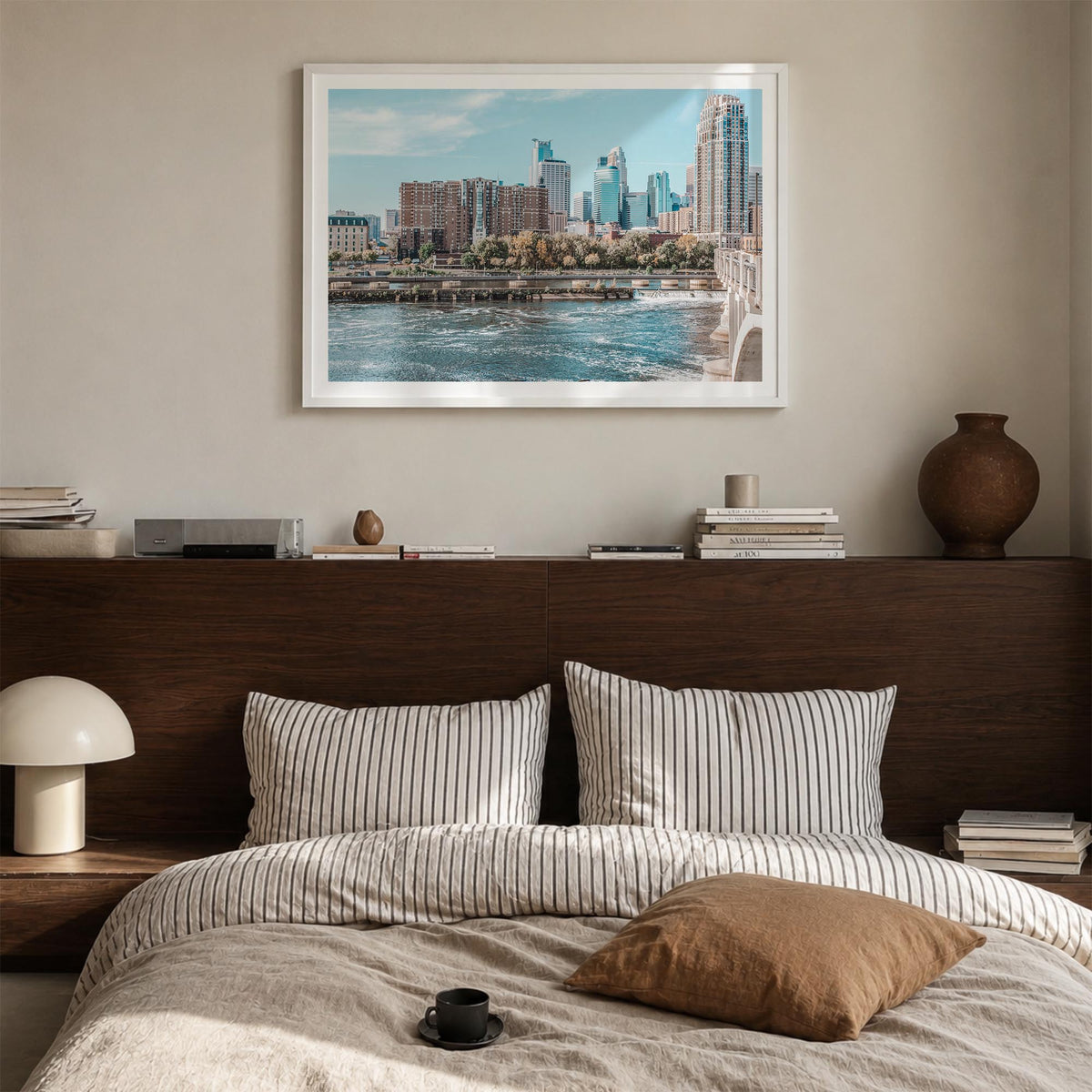 Minneapolis colorful photo poster of Minnesota, USA – horizontal wall art in white wood frame with white border, hanging on w