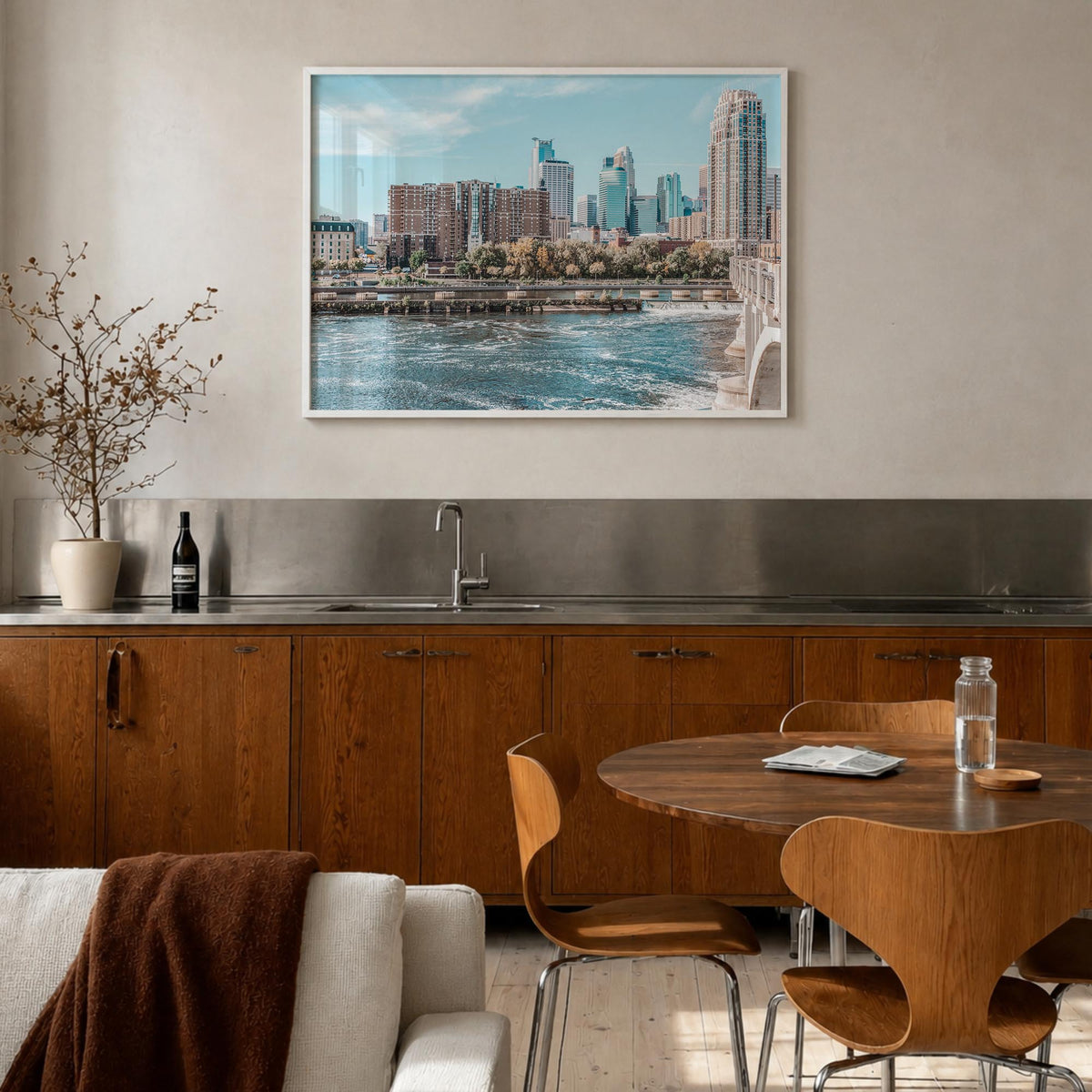 Minneapolis colorful photo poster of Minnesota, USA – horizontal wall art in white wood frame, hanging on wall