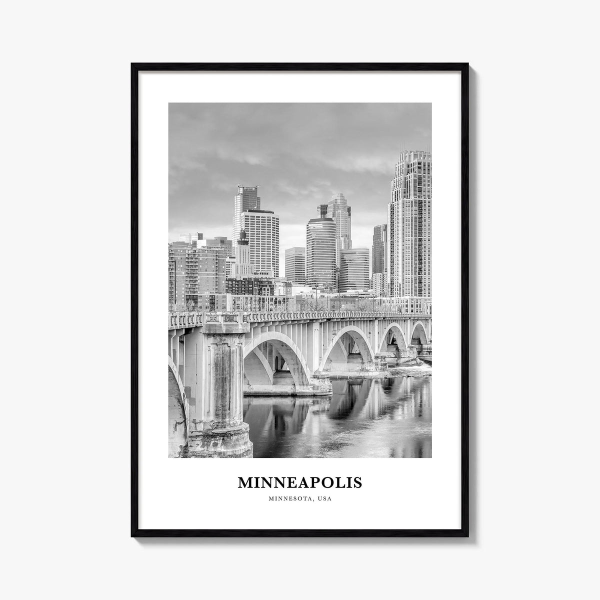Minneapolis no. 1 black & white classic poster of Minnesota, USA – vertical wall art, unframed print shown in interior mockup