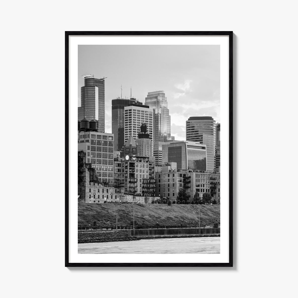 Minneapolis no. 1 black & white photo poster of Minnesota, USA – vertical wall art, unframed print shown in interior mockup