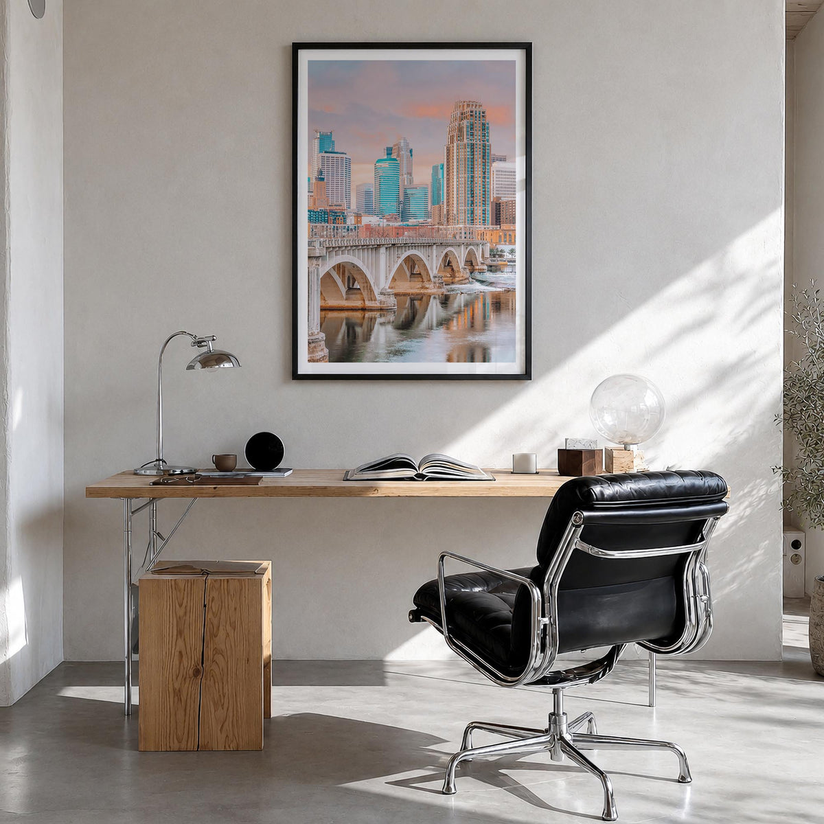 Minneapolis no. 1 colorful photo poster of Minnesota, USA – vertical wall art in black wood frame with white border, hanging