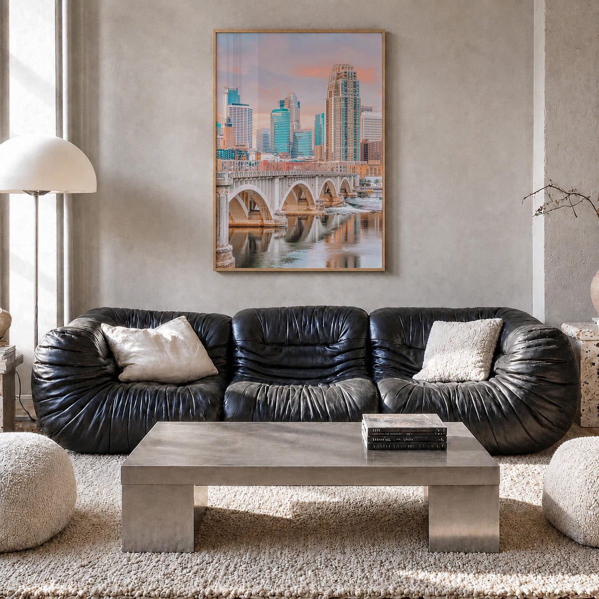 Minneapolis no. 1 colorful photo poster of Minnesota, USA – vertical wall art in natural wood frame, hanging on wall