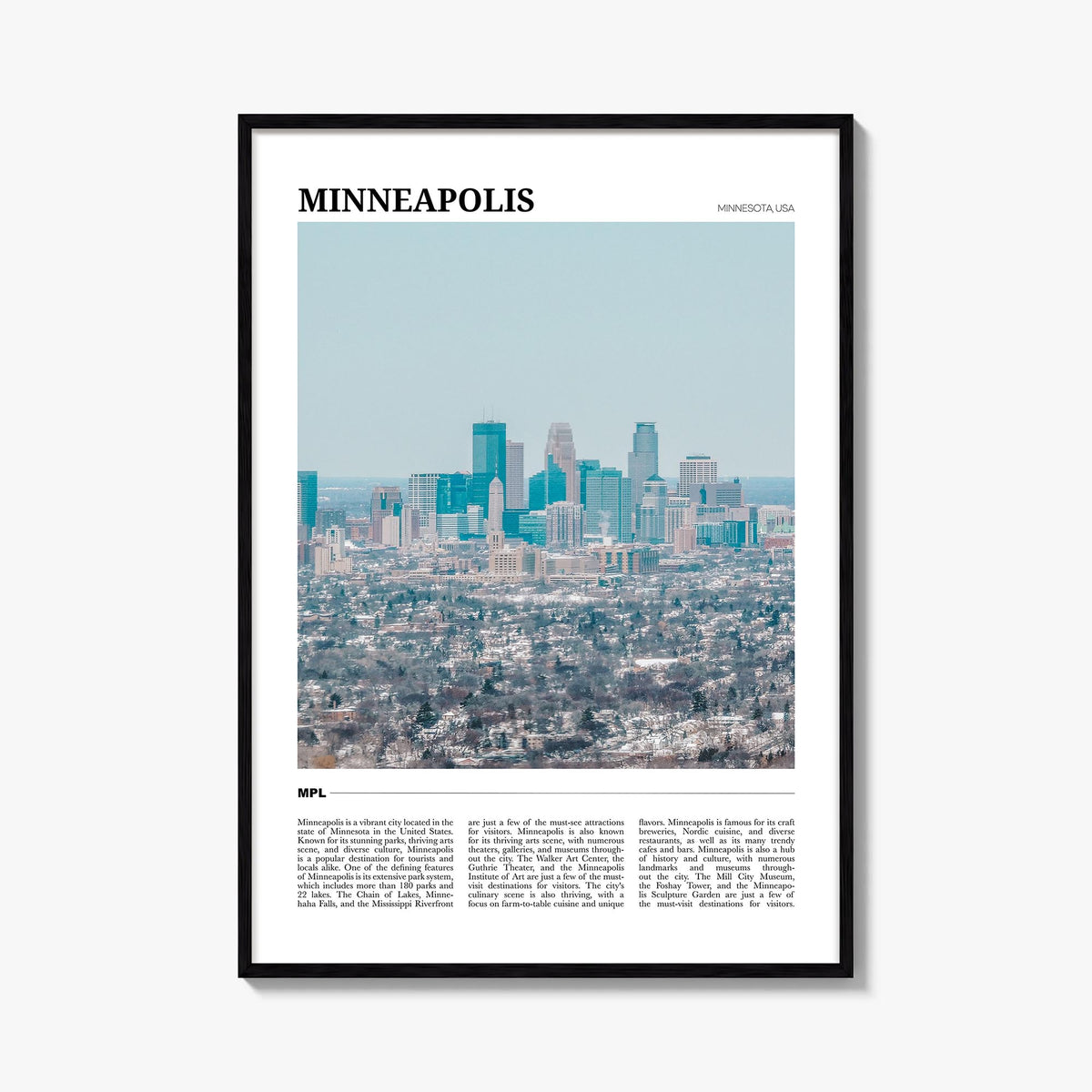 Minneapolis no. 1 colorful travel poster of Minnesota, USA – vertical wall art, unframed print shown in interior mockup