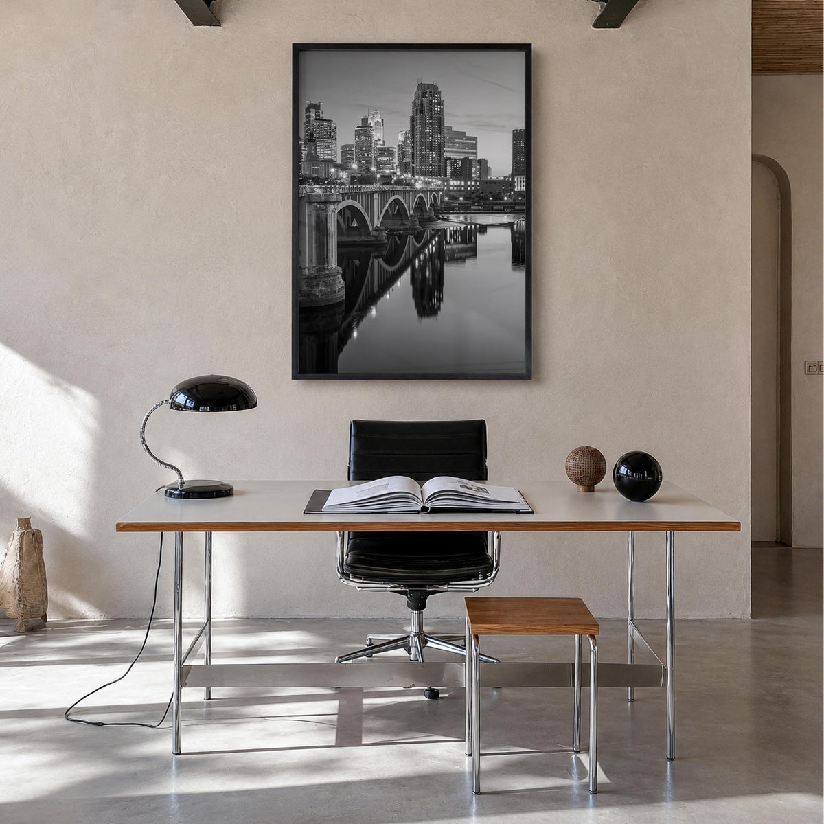 Minneapolis no. 2 black & white photo poster of Minnesota, USA – vertical wall art in black wood frame, hanging on wall
