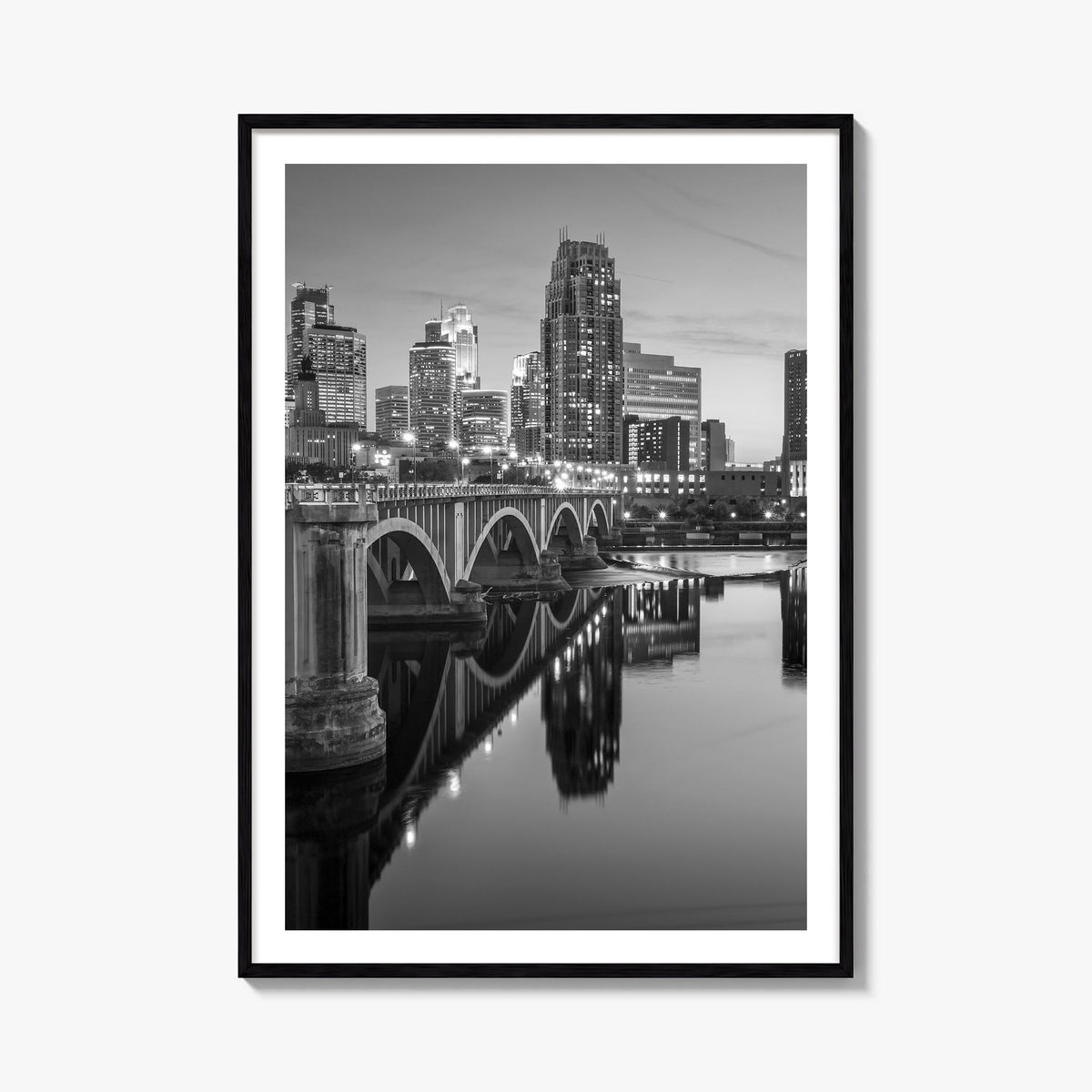 Minneapolis no. 2 black & white photo poster of Minnesota, USA – vertical wall art, unframed print shown in interior mockup