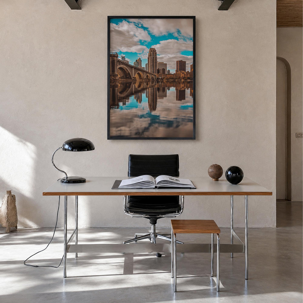 Minneapolis no. 2 colorful photo poster of Minnesota, USA – vertical wall art in black wood frame, hanging on wall