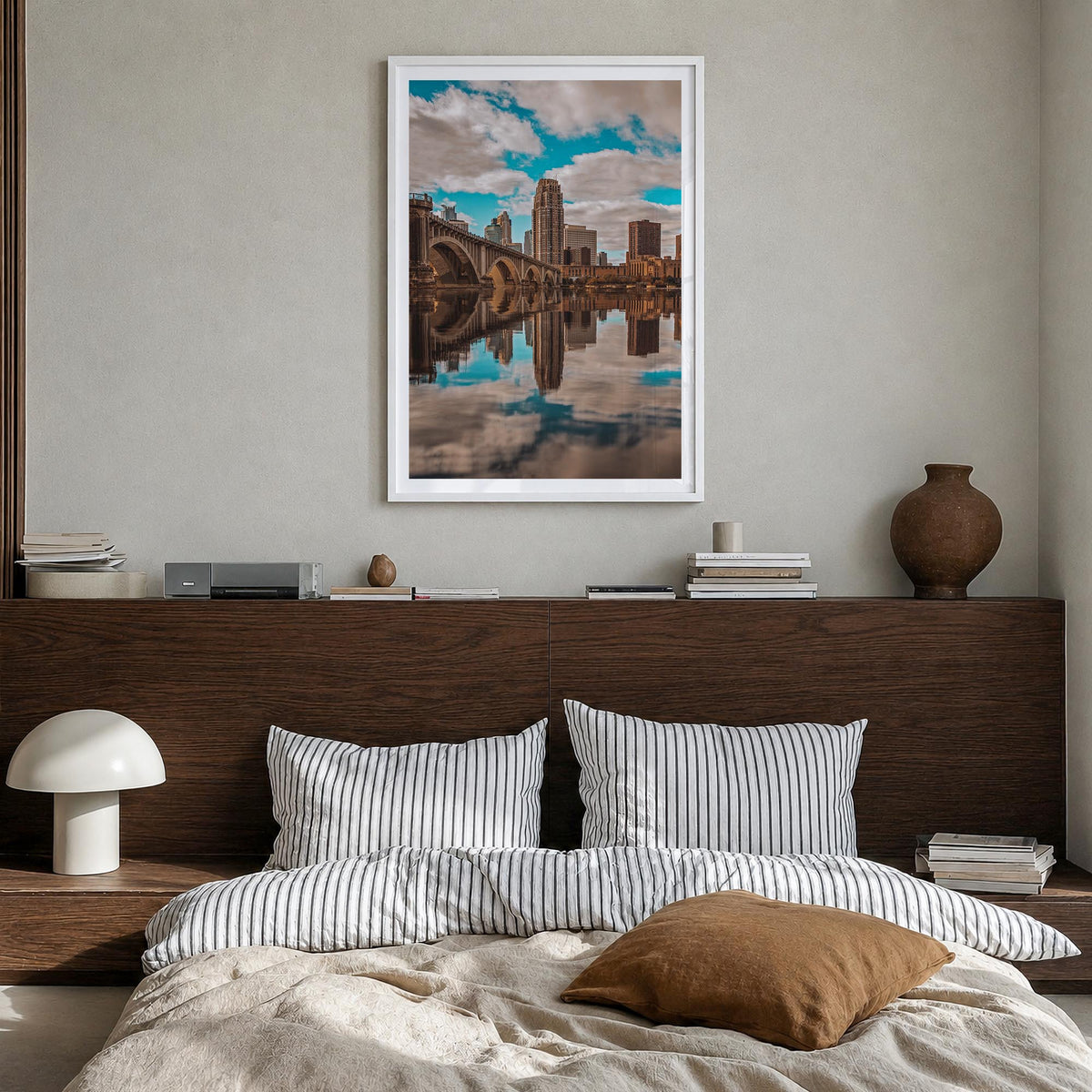Minneapolis no. 2 colorful photo poster of Minnesota, USA – vertical wall art in white wood frame with white border, hanging
