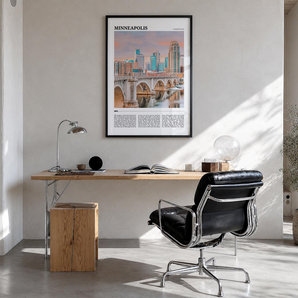 Minneapolis no. 2 colorful travel poster of Minnesota, USA – vertical wall art in black wood frame, hanging on wall