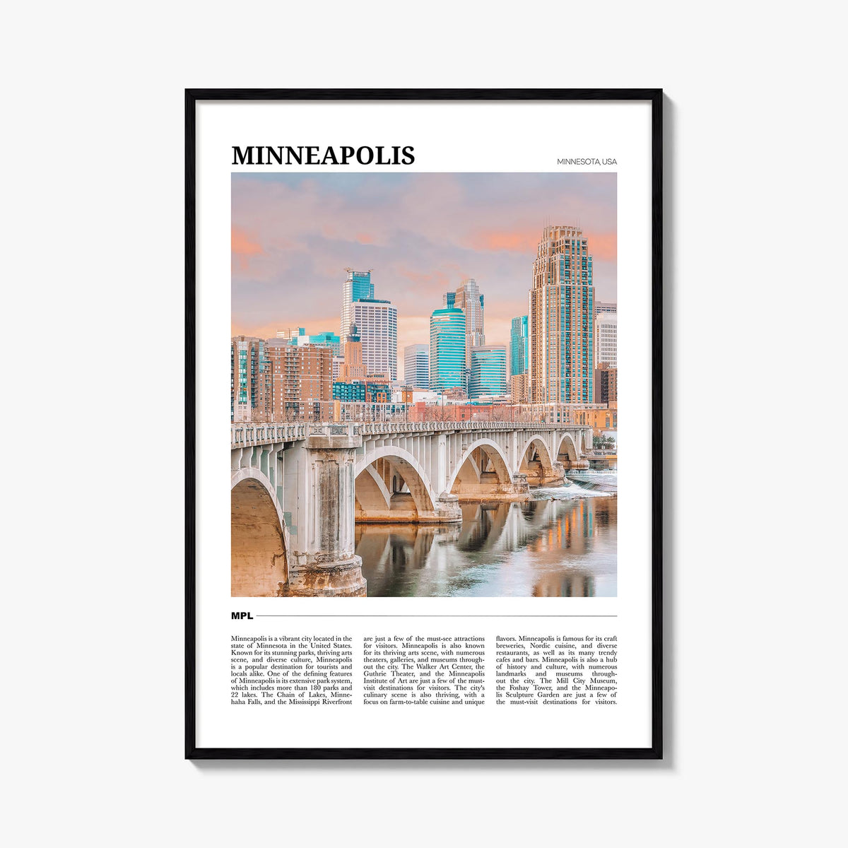 Minneapolis no. 2 colorful travel poster of Minnesota, USA – vertical wall art, unframed print shown in interior mockup