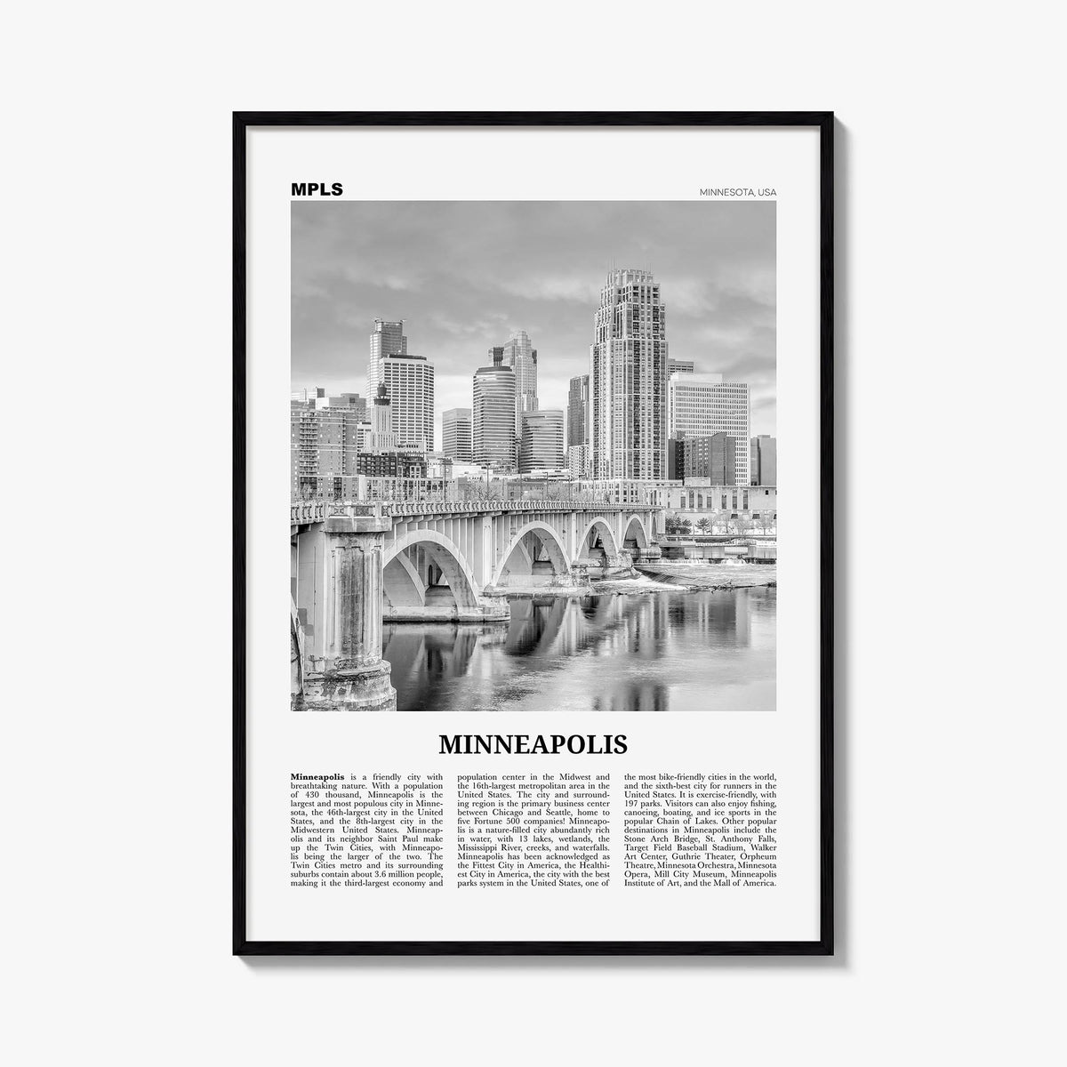 Minneapolis no. 3 black & white newspaper poster of Minnesota, USA – vertical wall art, unframed print shown in interior mock