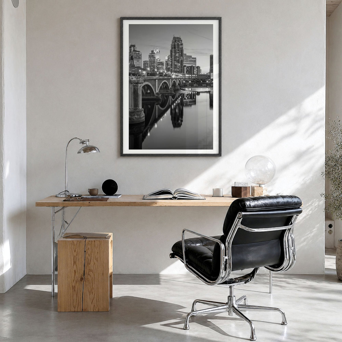Minneapolis Photo No 2 Poster in a black wood frame, hanging in a bright home office, white border