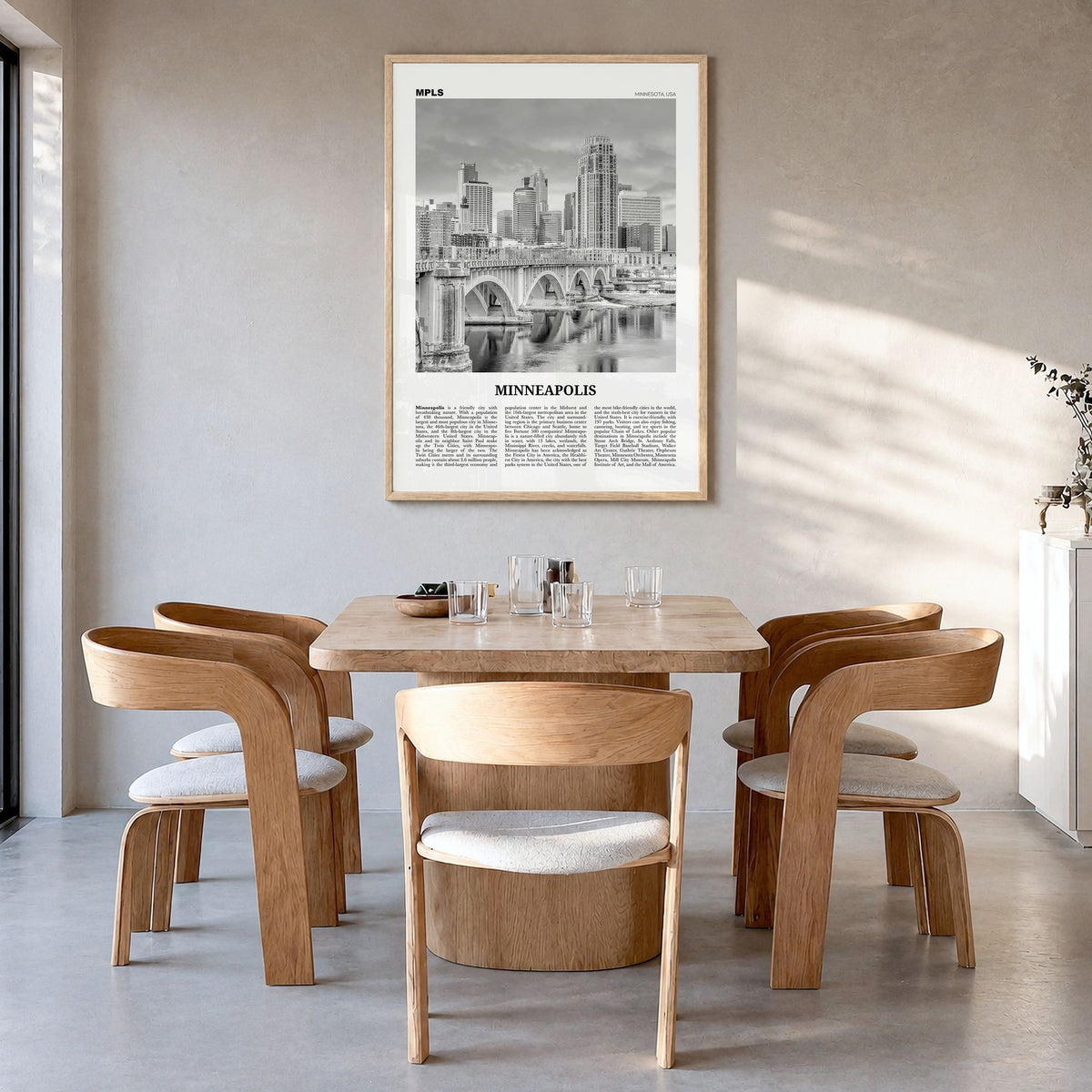 Minneapolis Newspaper No 3 Poster in a natural wood frame, hanging in a dining room