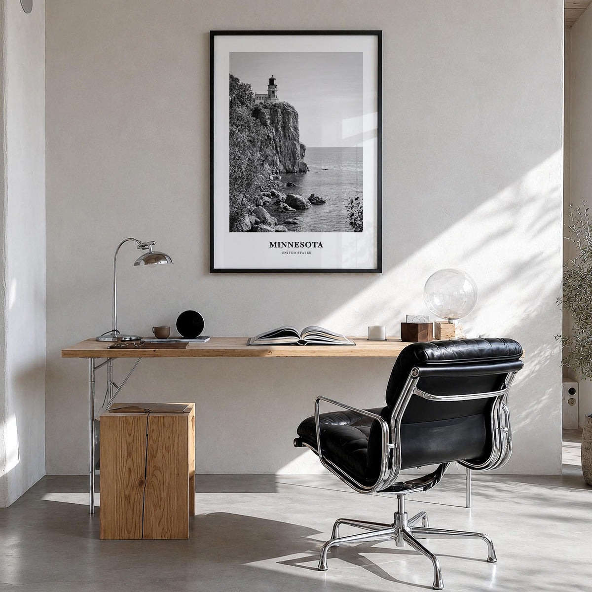 Minnesota black & white classic poster of United States – vertical wall art in black wood frame, hanging on wall