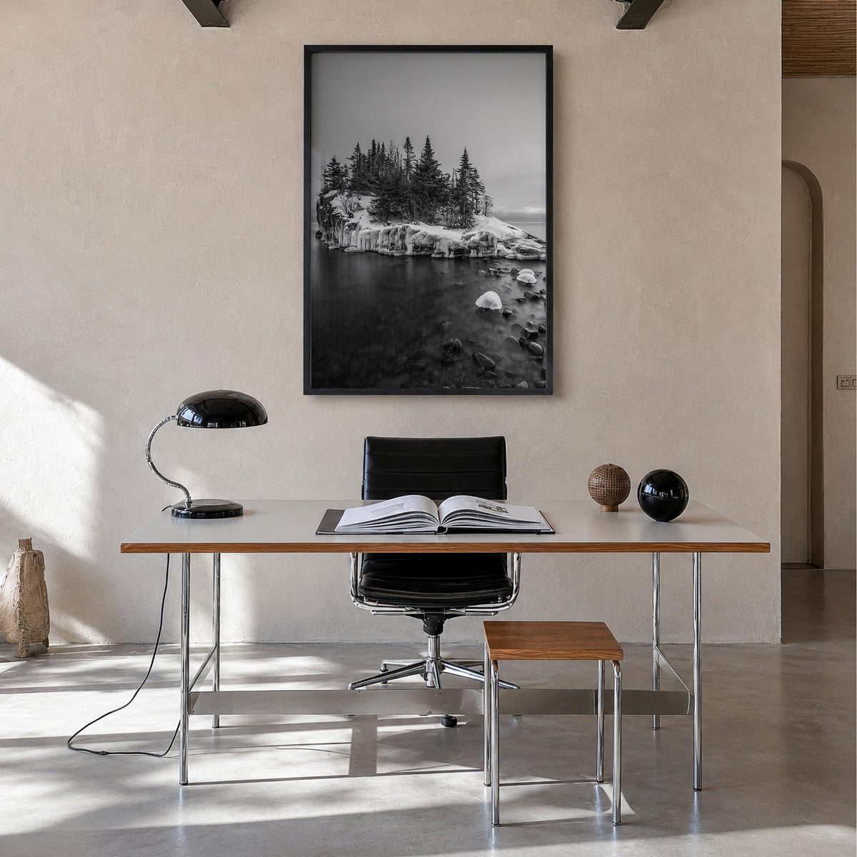 Minnesota no. 2 black & white photo poster of United States – vertical wall art in black wood frame, hanging on wall