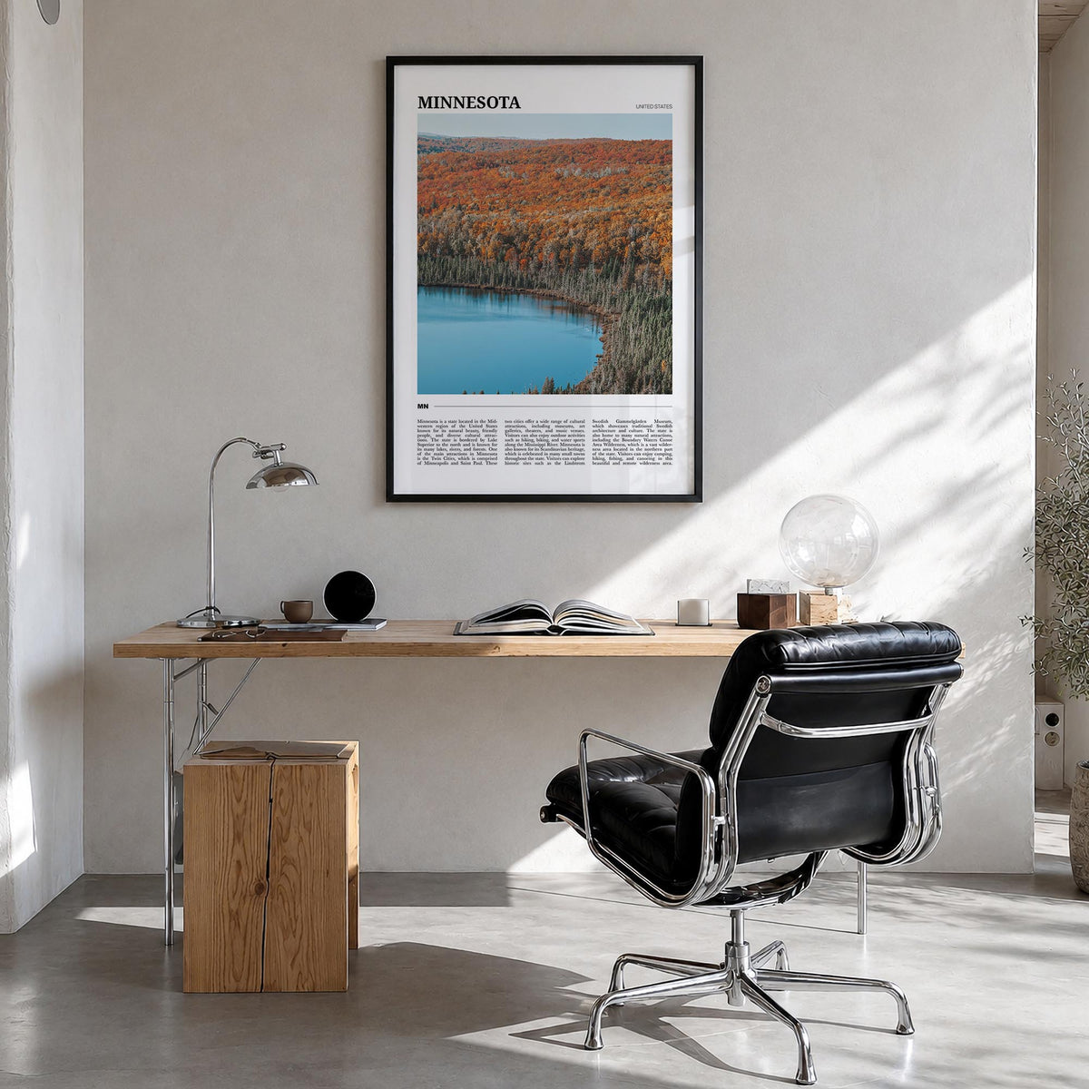 Minnesota no. 2 colorful travel poster of United States – vertical wall art in black wood frame, hanging on wall