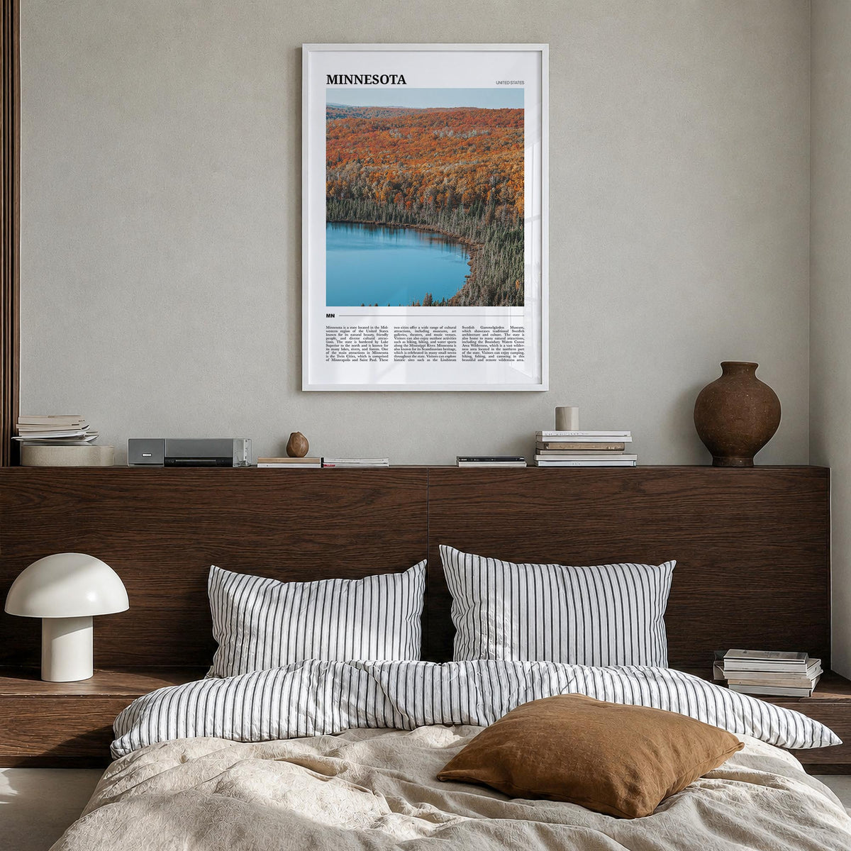 Minnesota no. 2 colorful travel poster of United States – vertical wall art in white wood frame, hanging on wall