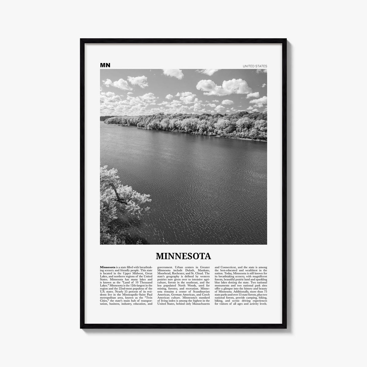 Minnesota no. 4 black & white newspaper poster of United States – vertical wall art, unframed print shown in interior mockup