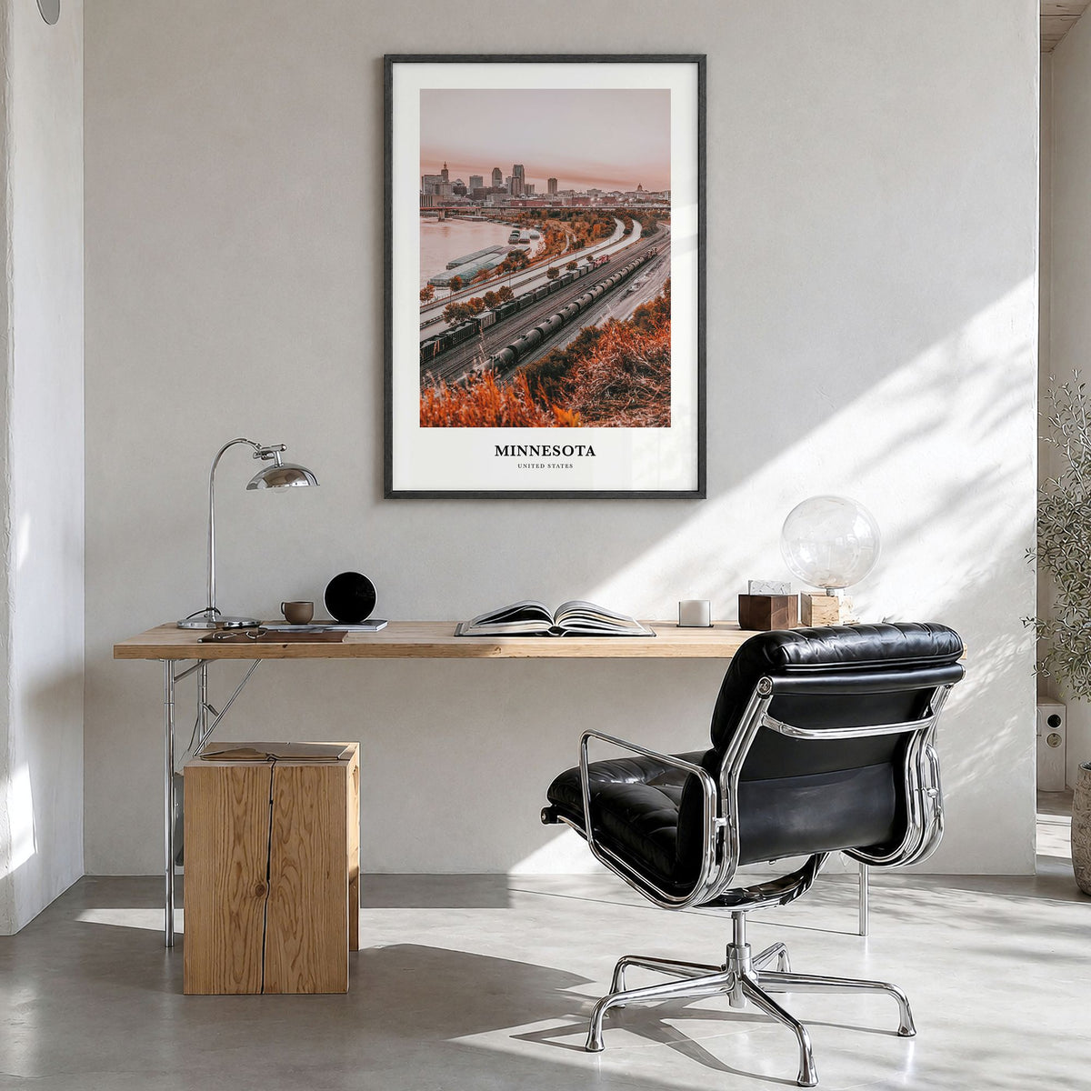 Minnesota Classic No 3 Poster in a black wood frame, hanging in a bright home office